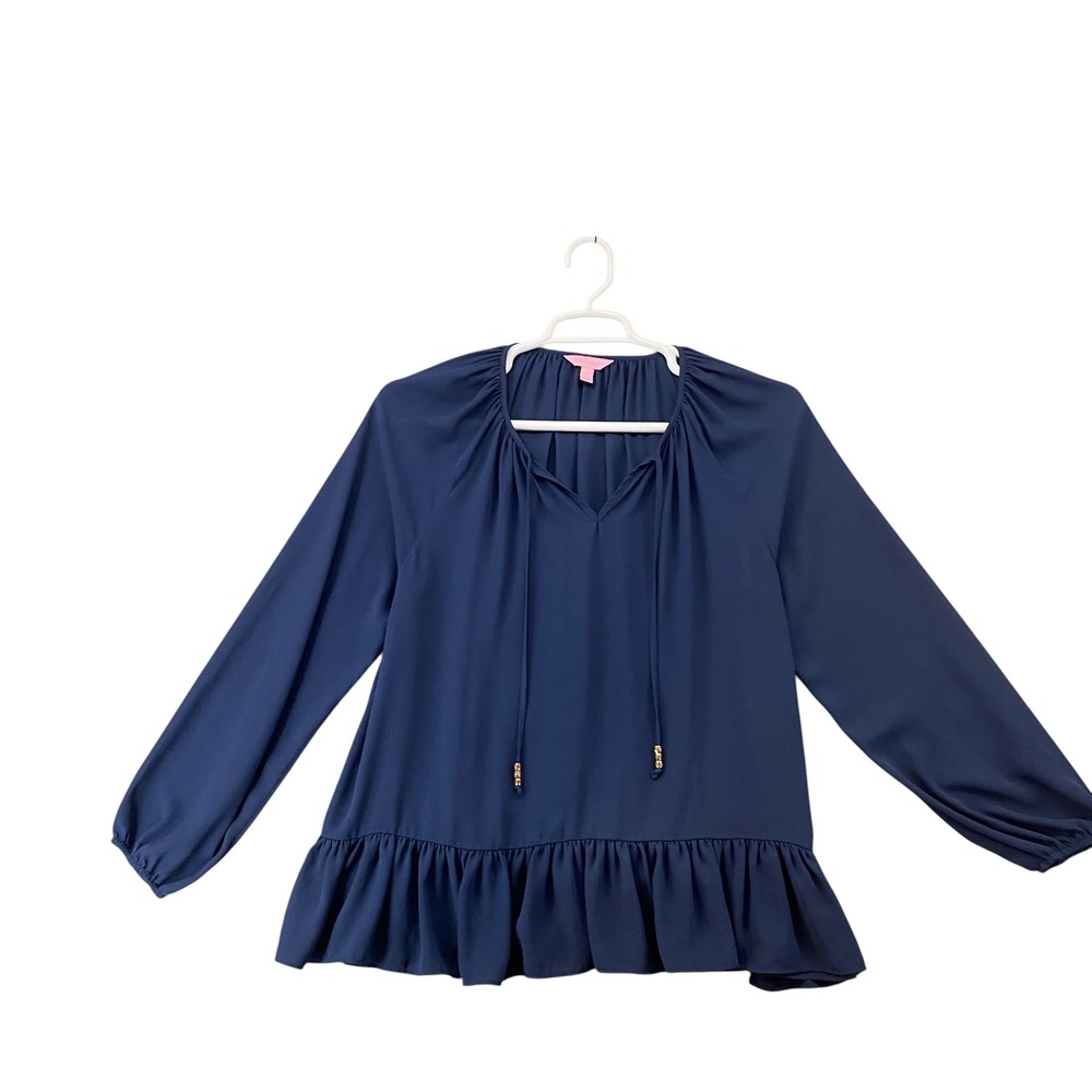 Lilly Pulitzer Womens Navy Blue Beaded Tie V-Neck Peplum Blouse Long Sleeve L